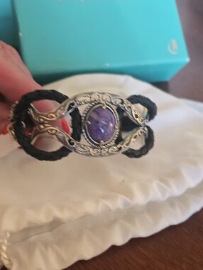 Vintage-Inspired Silver & Purple Stone Braided Leather Bracelet